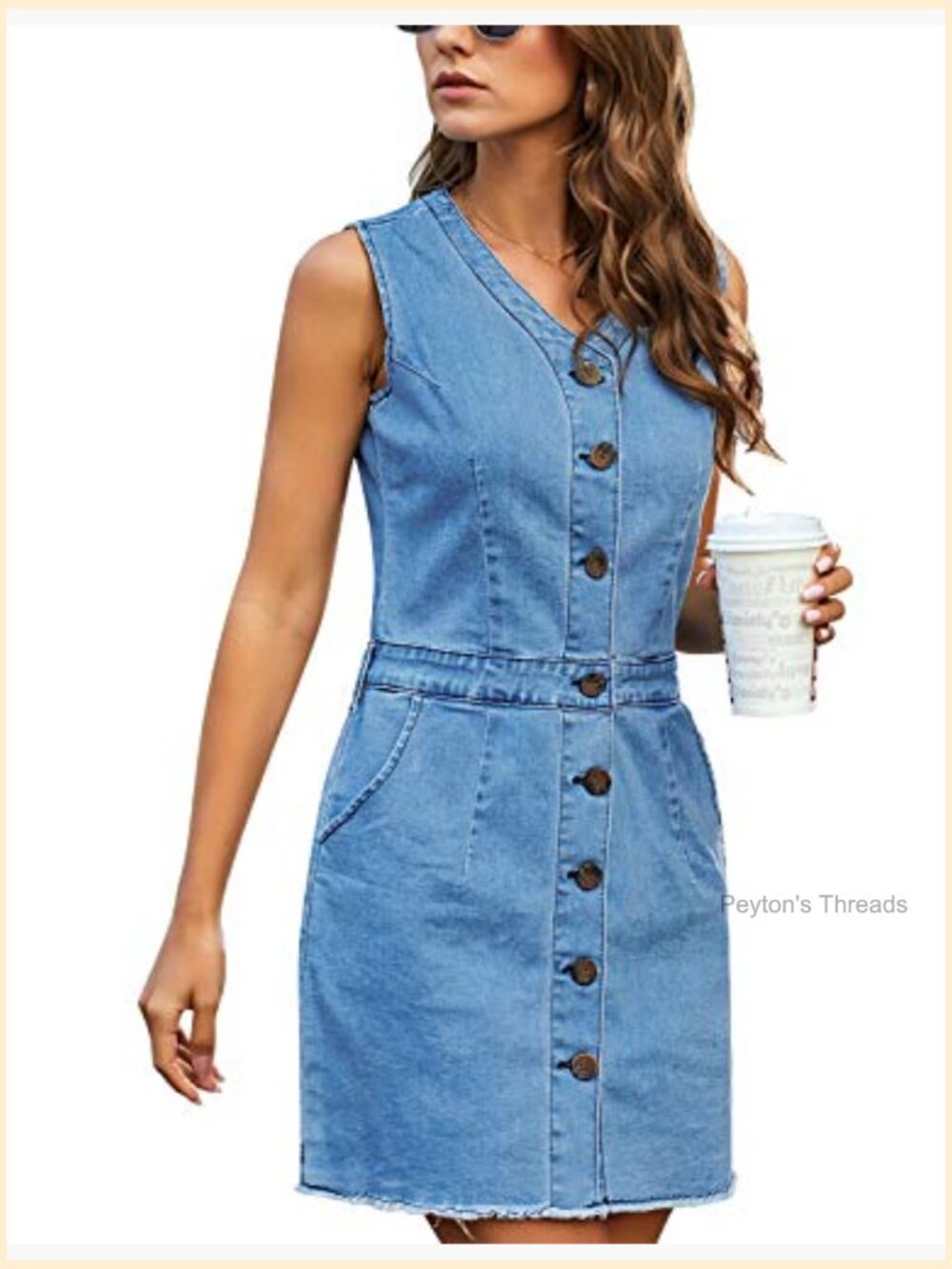 Sleeveless V Neck Button Down Frayed Hem Short Denim Dress - Picture 3 of 7